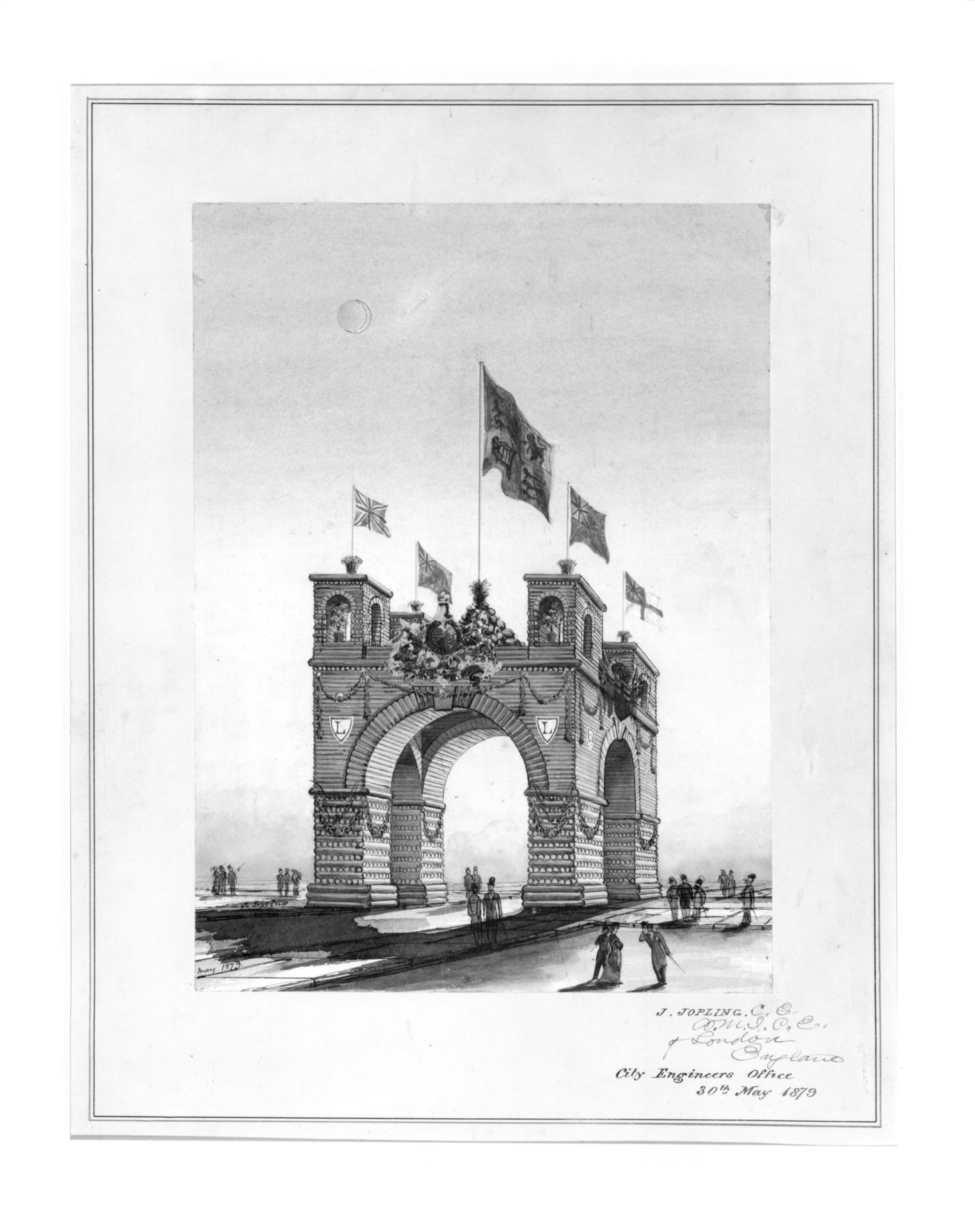Perspective for a temporary welcome arch for the visit of the Marquess of Lorne and Princess Louise to Toronto, September 1879