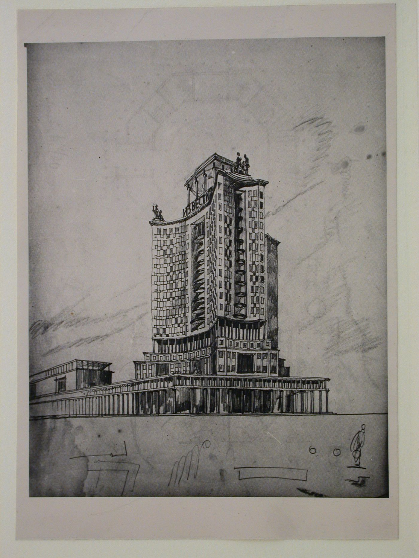 Photograph of a perspective drawing for the editing block of the Izvestiia newspaper combine with an erased [?] plan, Moscow