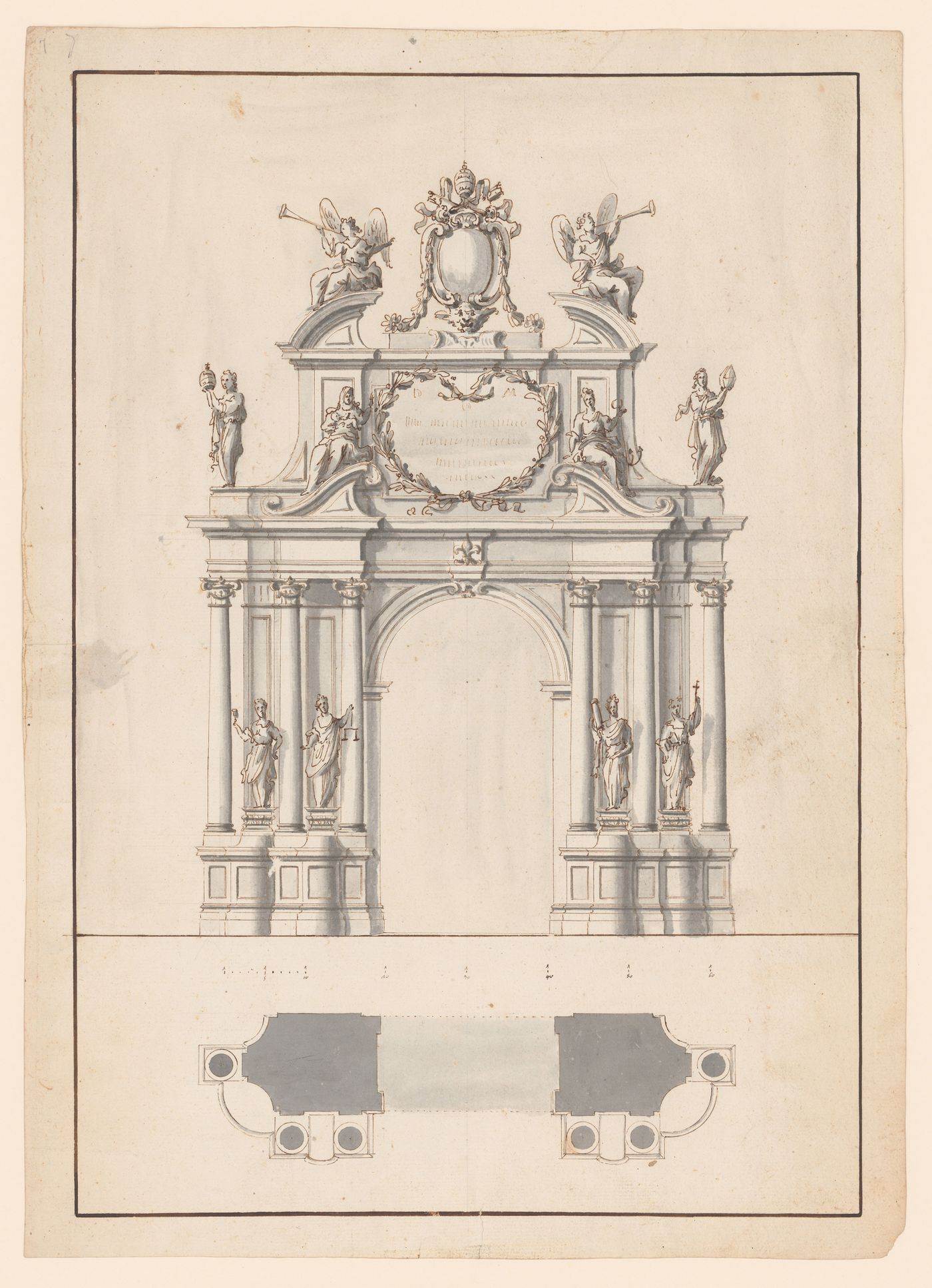 Elevation and plan for a triumphal arch for the possesso of Innocent XIII, Rome