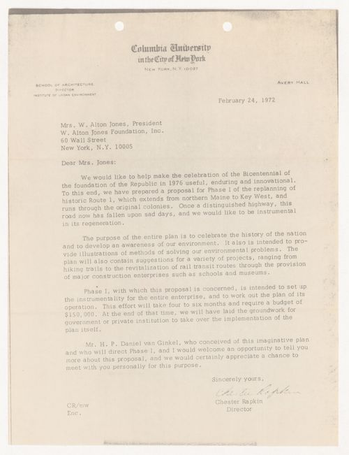 Letter from Chester Rapkin to Mrs. W. Alton Jones for United States One (U.S. 1)