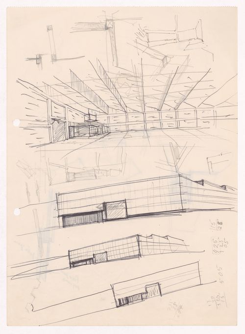 Sketch perspectives and details with annotations for Armazém de algodão, Matosinhos, Portugal