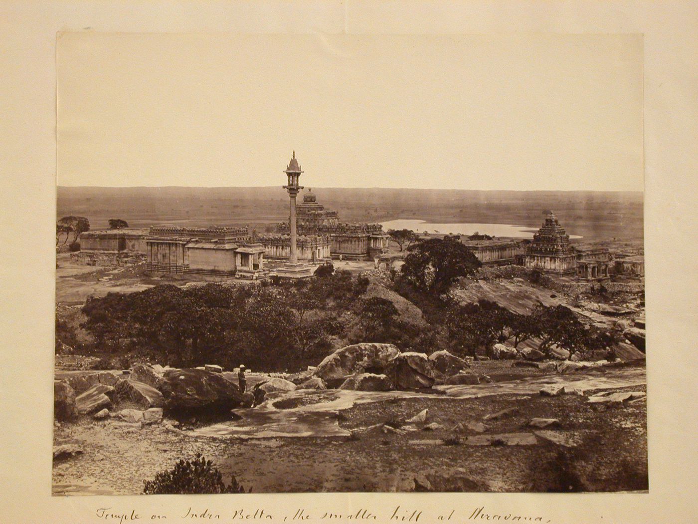 View of a lamppost, the Parshvanatha Basti, the Chandragupta Basti and the Chamundaraya Basti (also known as the Camunda Raya Basti) with unidentified temples on the right, Chandragiri, Shravana Belgola (now Sravana Belgola), India