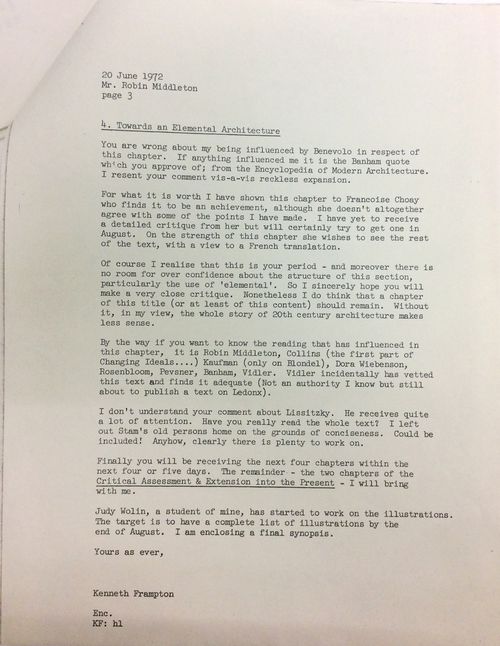 Letter from Kenneth Frampton to Robin Middleton about "Modern Architecture: A Critical History" comments