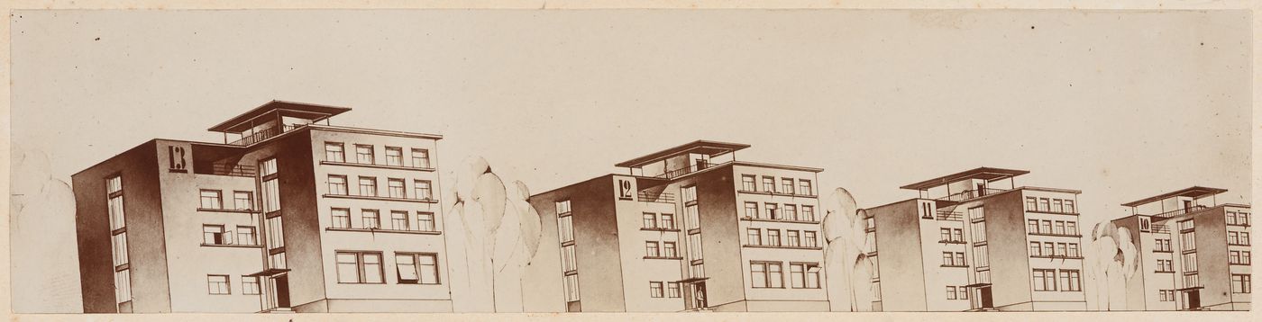 Photograph of a perspective drawing for industrial housing, Kashira, Soviet Union (now Russia)