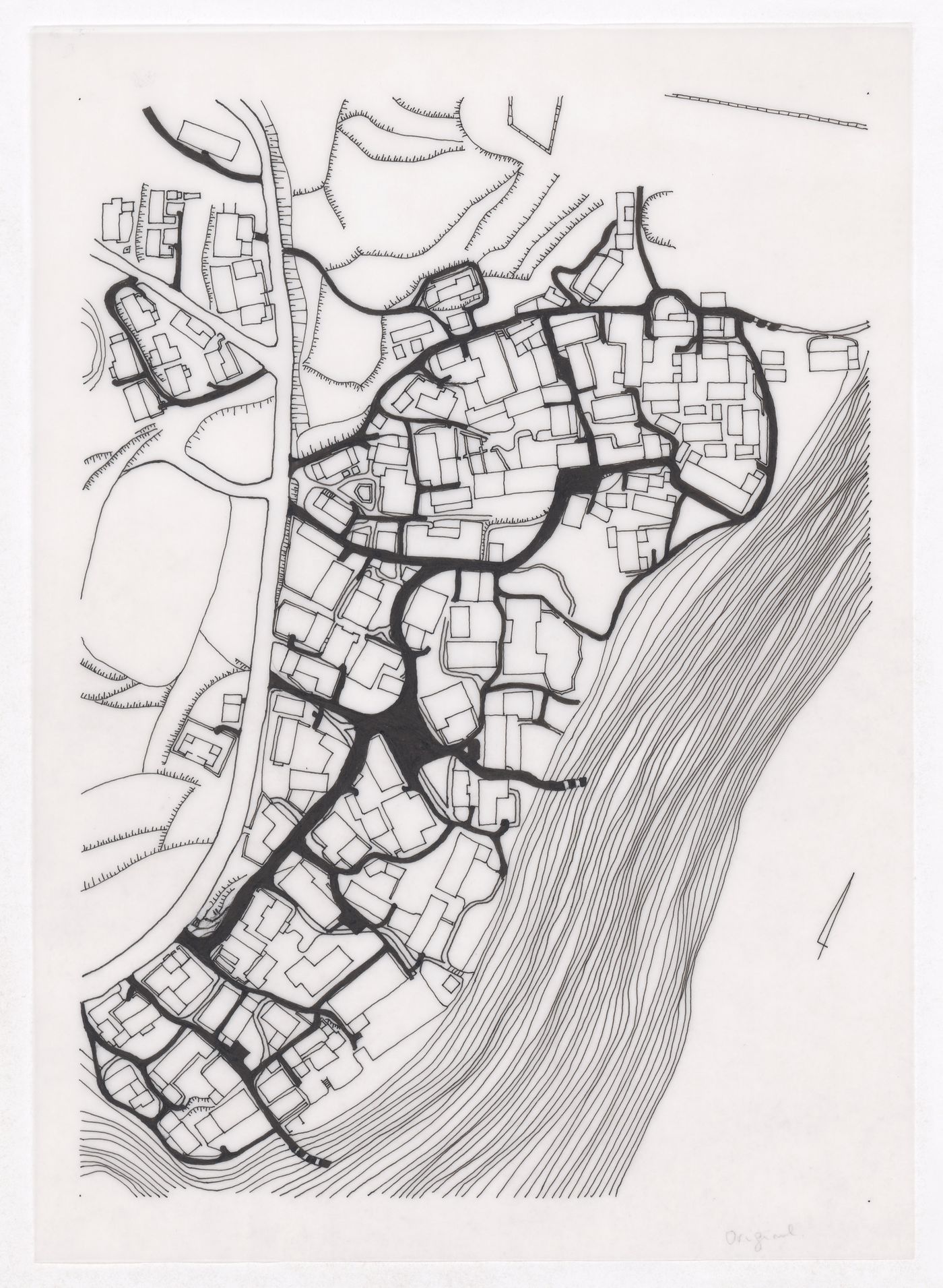 Plan showing the road network for the Sichuan housing project for "Housing a Billion: Village Upgrading: Jianlu, China" publication