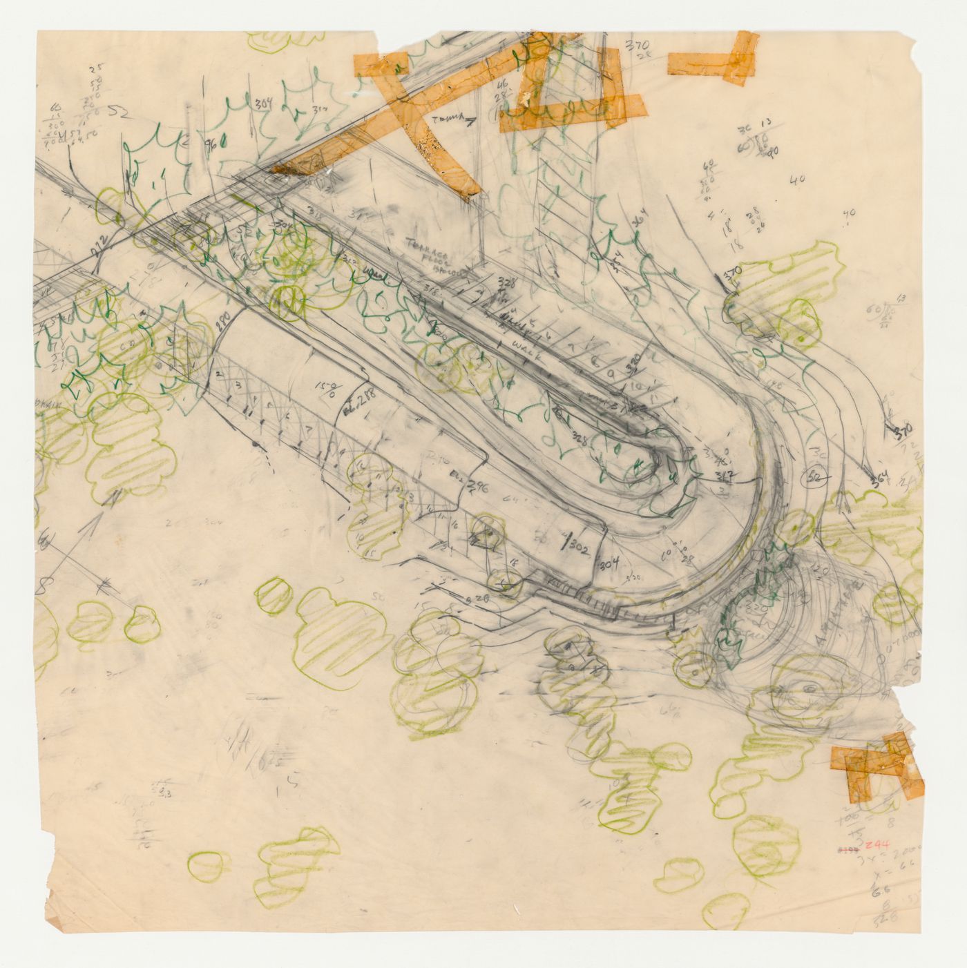 Swedenborg Memorial Chapel, El Cerrito, California: Partial sketch site plan showing parking spaces and planting next to the chapel