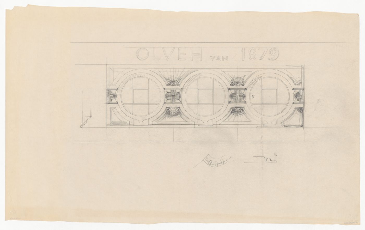 Elevation and details for windows [?], moldings and lettering for Olveh mixed-use development, Rotterdam, Netherlands