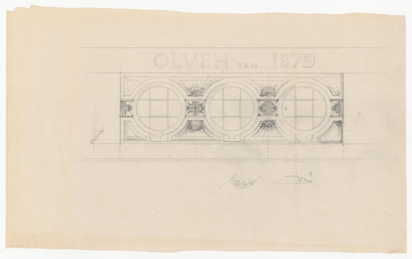 Elevation and details for windows [?], moldings and lettering for Olveh mixed-use development, Rotterdam, Netherlands
