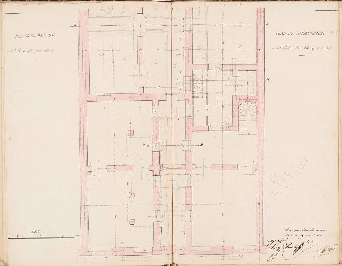 Contract drawing for the Hôtel du Timbre for Monsieur Le Comte, 7 rue de la Paix, Paris: Plan for the "soubassement" for  the "2e appartement"