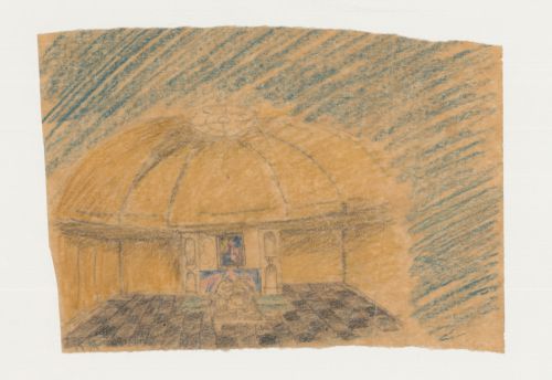 Interior perspective for Woodland Chapel showing the altar and catafalque, Woodland Cemetery, Stockholm, Sweden