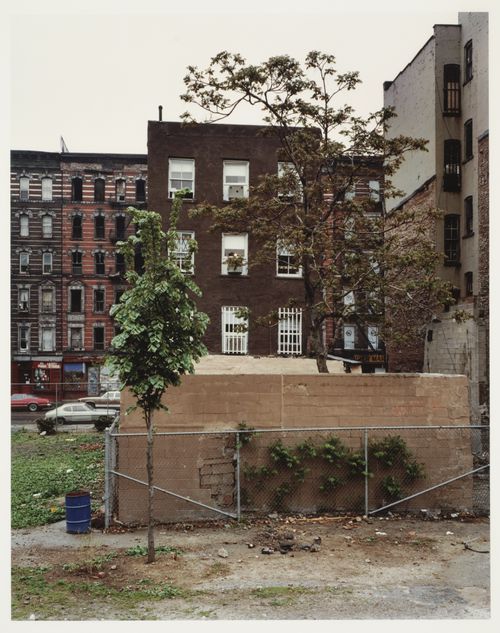 East 9th Street, empty lot with stone walls enclosed by chain link fence, New York City, New York