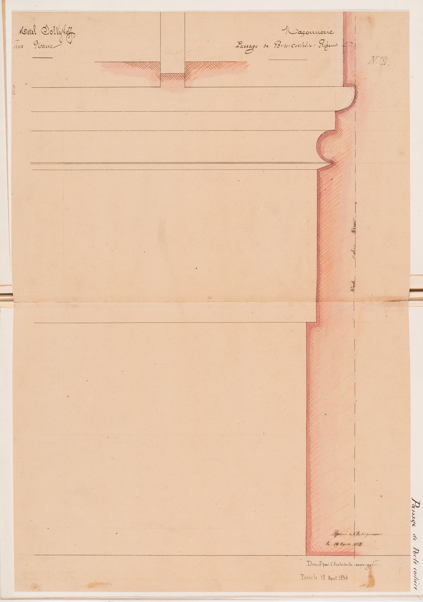 Full-scale profile with partial elevation for the base for the porte cochere walls, Hôtel Soltykoff
