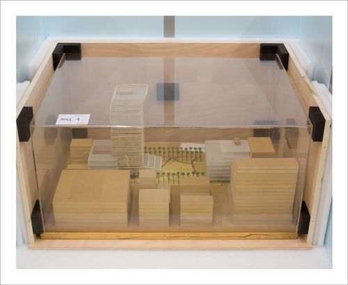 Proofs of Relevance: View of a model in a crate showing Woermann Public Square and Building, Abalos & Herreros (2001), Las Palmas de Gran Canaria, Spain
