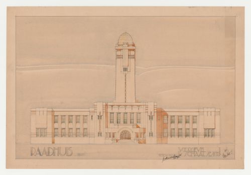 Student presentation drawing showing the principal elevation for a town hall, Technische Hogeschool Delft, Netherlands