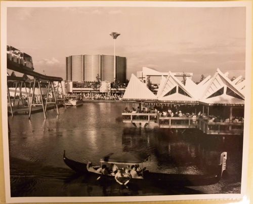View on a waterway with a gondola in foreground and the Canadian Pacific-Cominco Pavilion in background, Expo 67, Montréal, Québec
