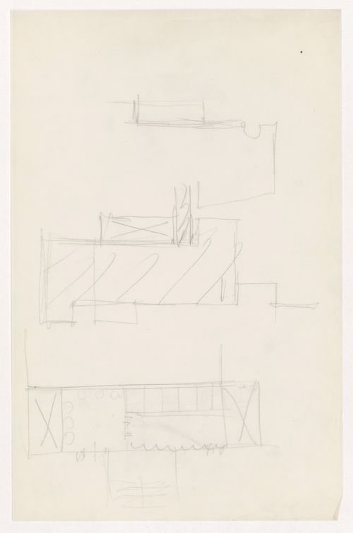 Partial sketch plan for the Metallurgy Building, Illinois Institute of Technology, Chicago, with unidentified sketches