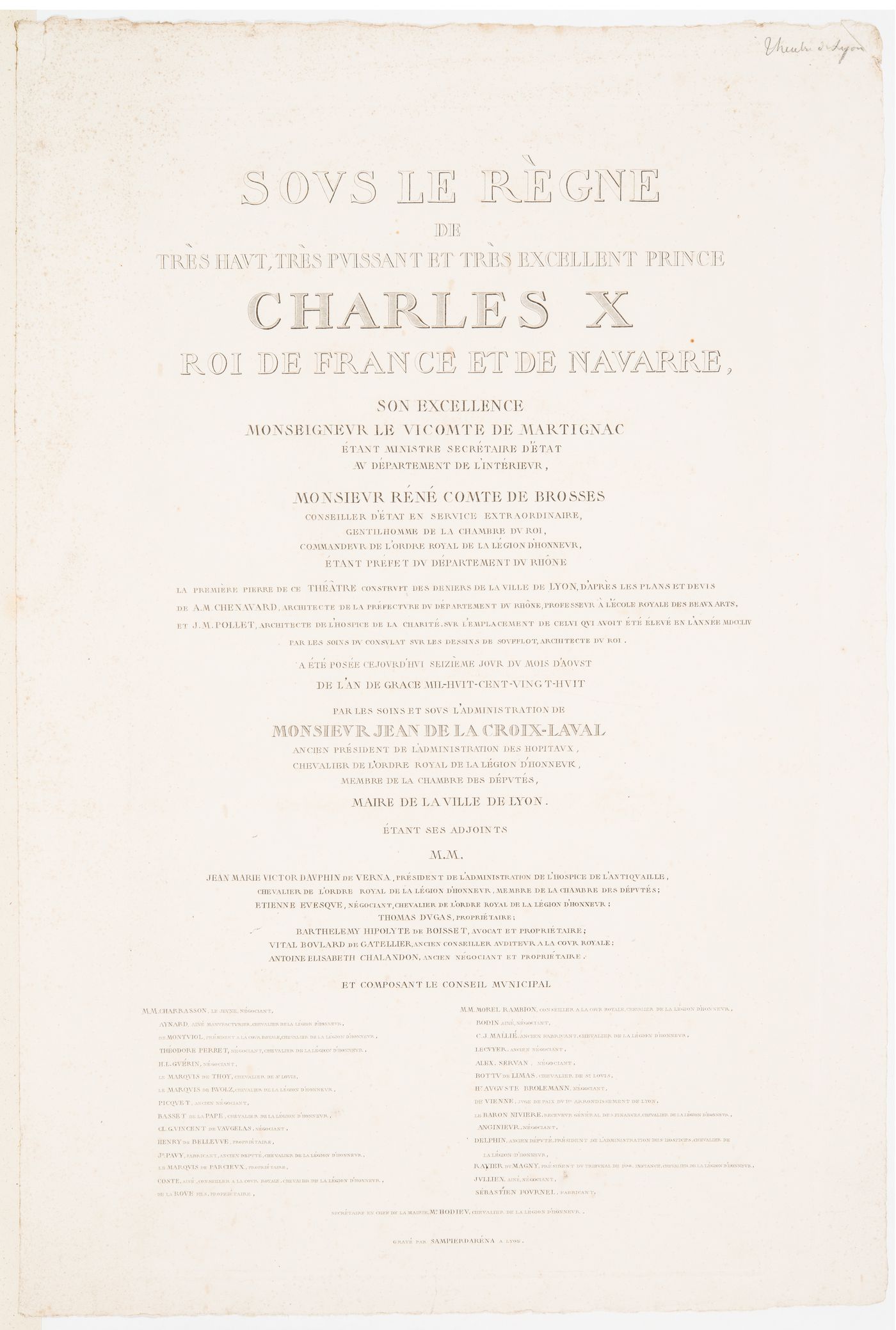 Grand-Théâtre, Lyon: Inscription for the first stone