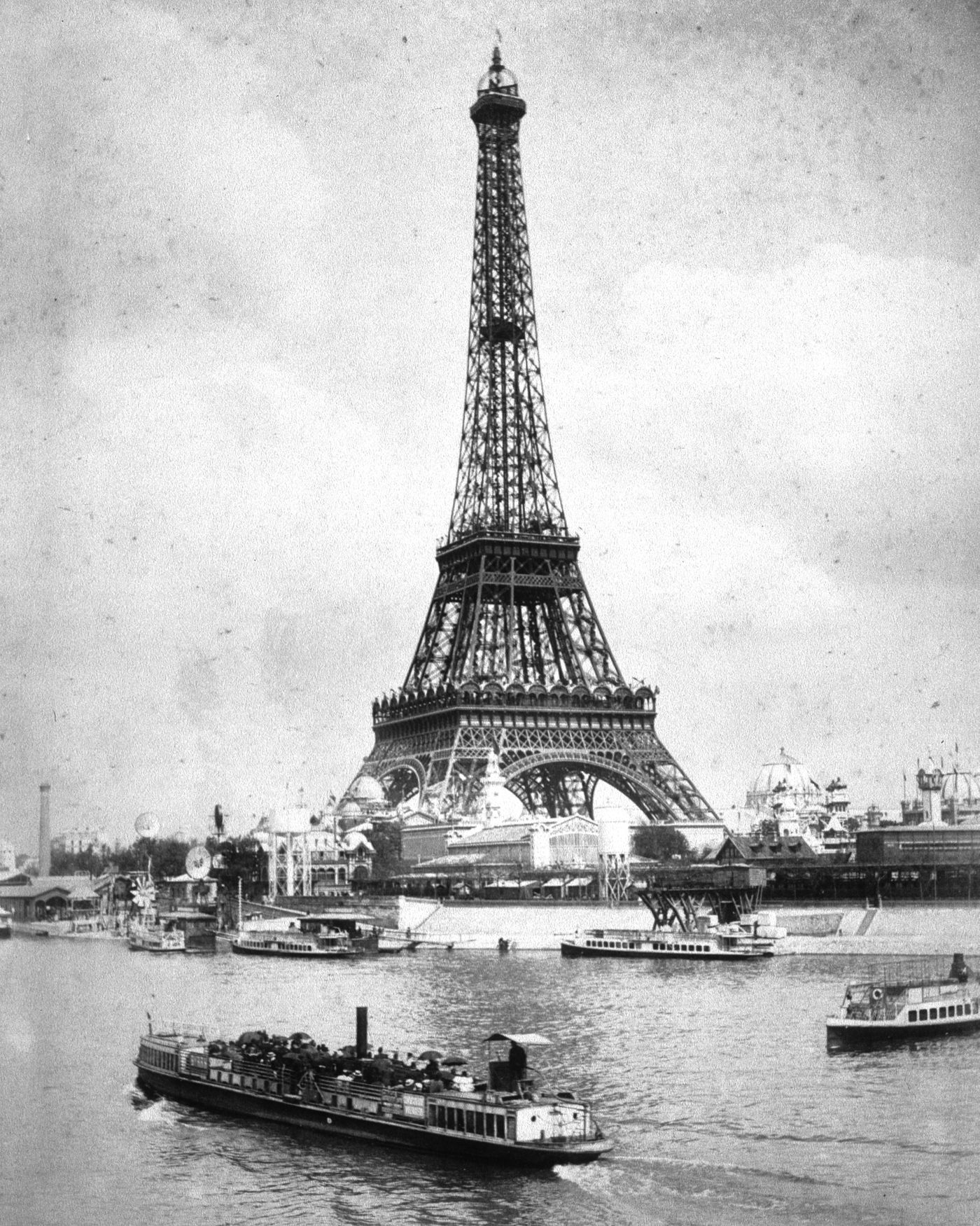 Exposition universelle de 1889 (Paris, France): View of the Eiffel Tower and exposition buildings from across the river