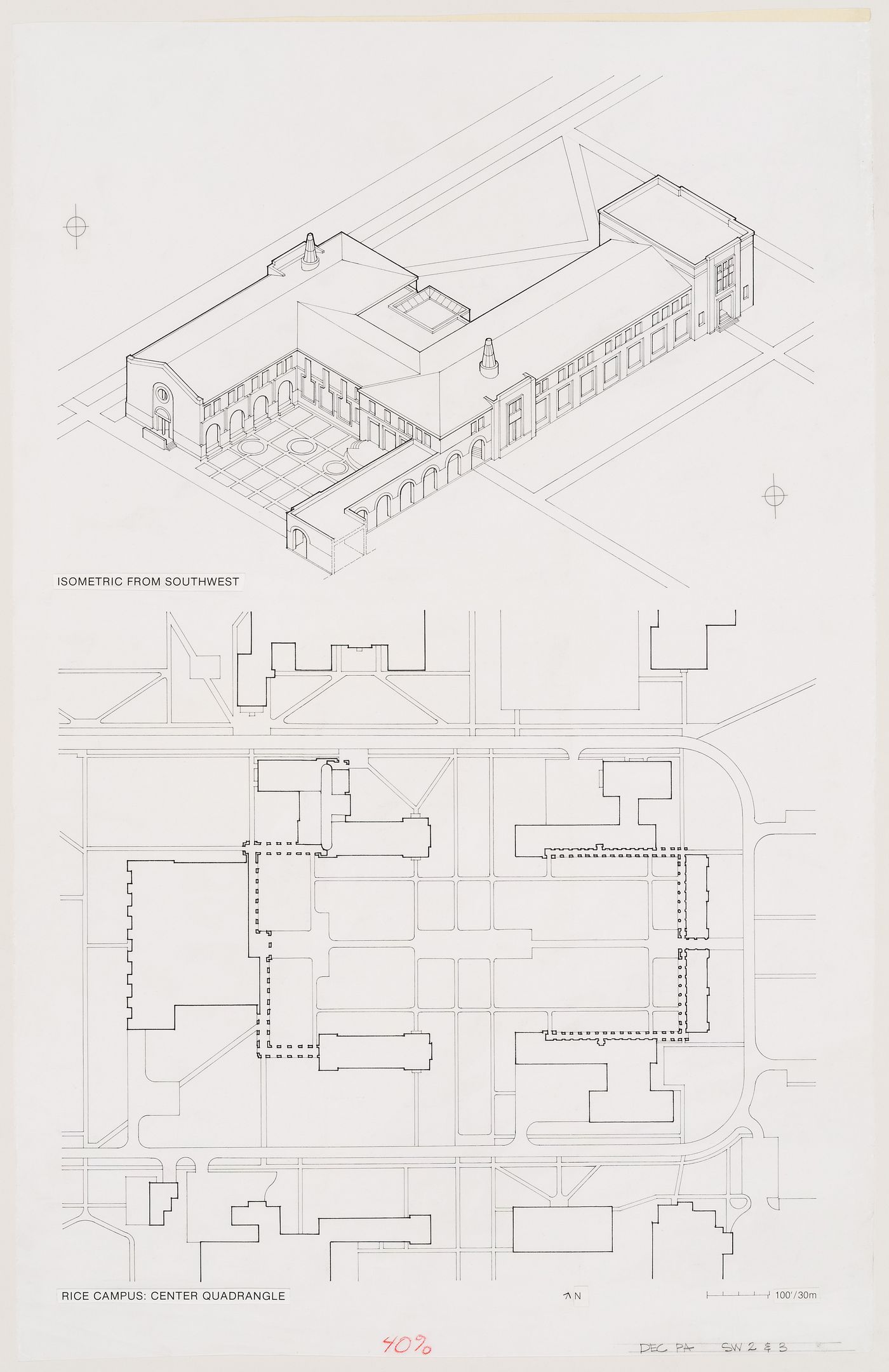School of Architecture Addition, Rice University, Houston, Texas: plan and axonometric from southwest