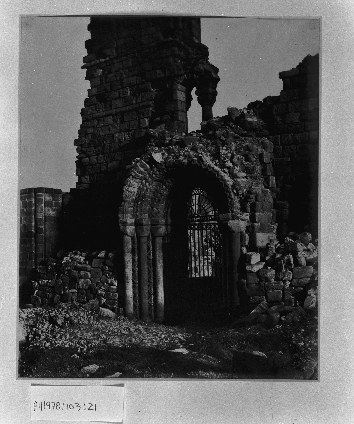 View of portal, Lindisfarne Abbey ruins, Northumberland, England