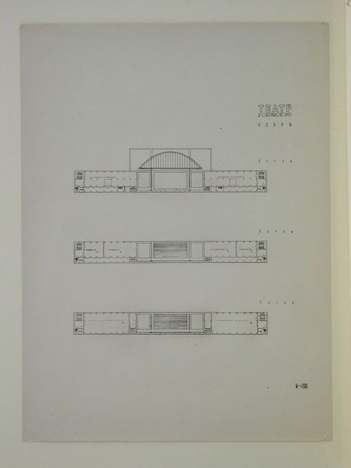 Photograph of floor plans for the final round of competition for a "synthetic theater" in Sverdlovsk, Soviet Union (now Ekaterinburg, Russia)