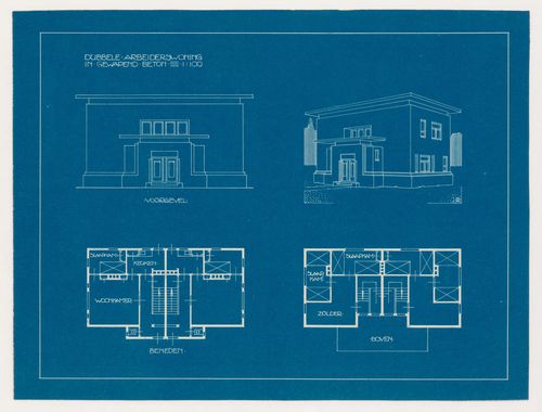 Plans, elevation, and perspective for a double worker's dwelling in reinforced concrete, Rotterdam, Netherlands