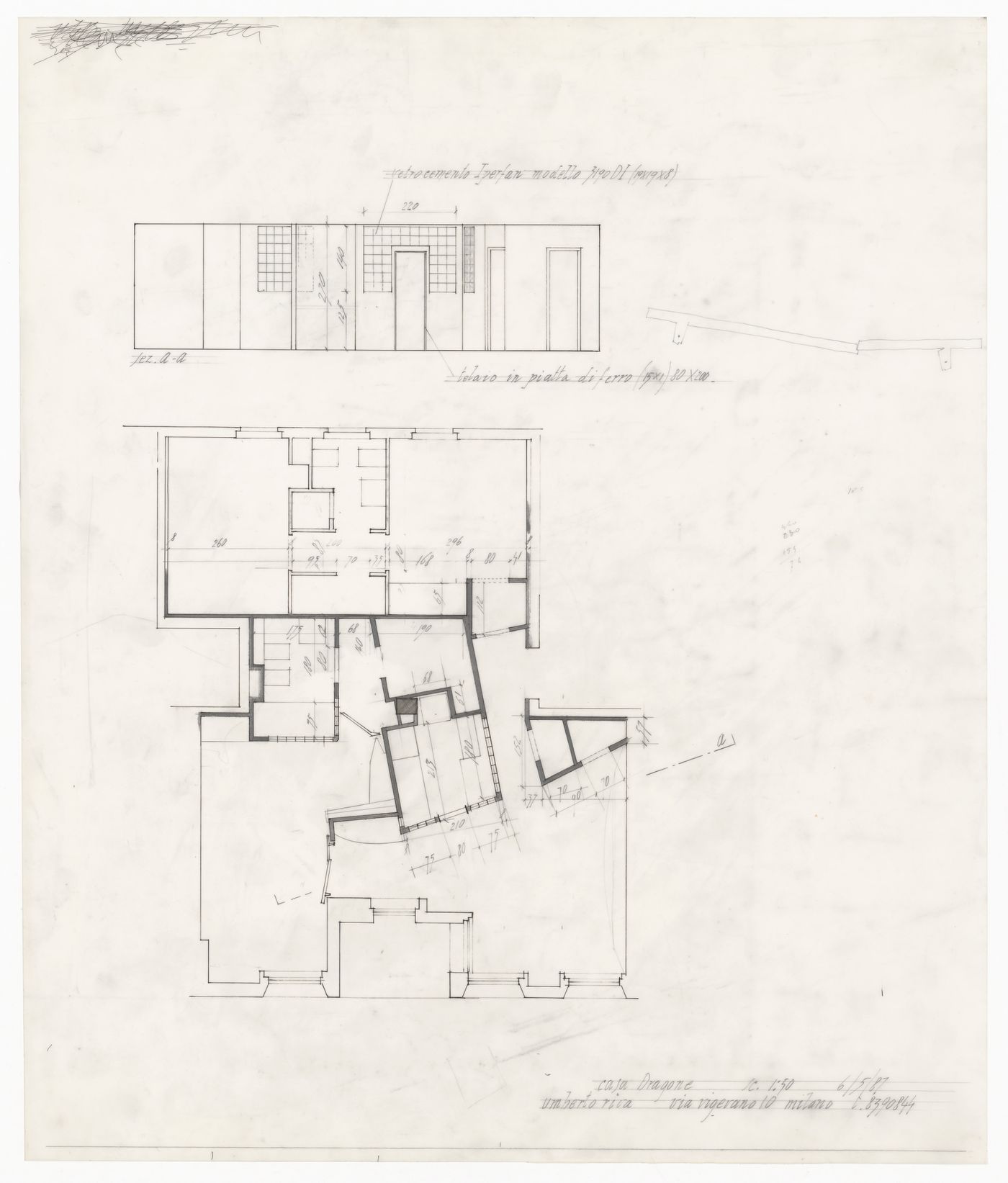 Section and floor plan for Casa Dragone e Paggi, Milan, Italy