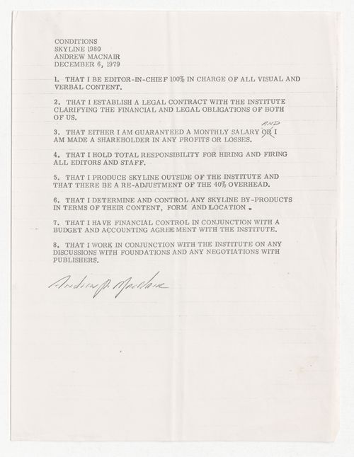 Memorandum from Andrew MacNair about conditions for his employment as editor-in-chief of Skyline