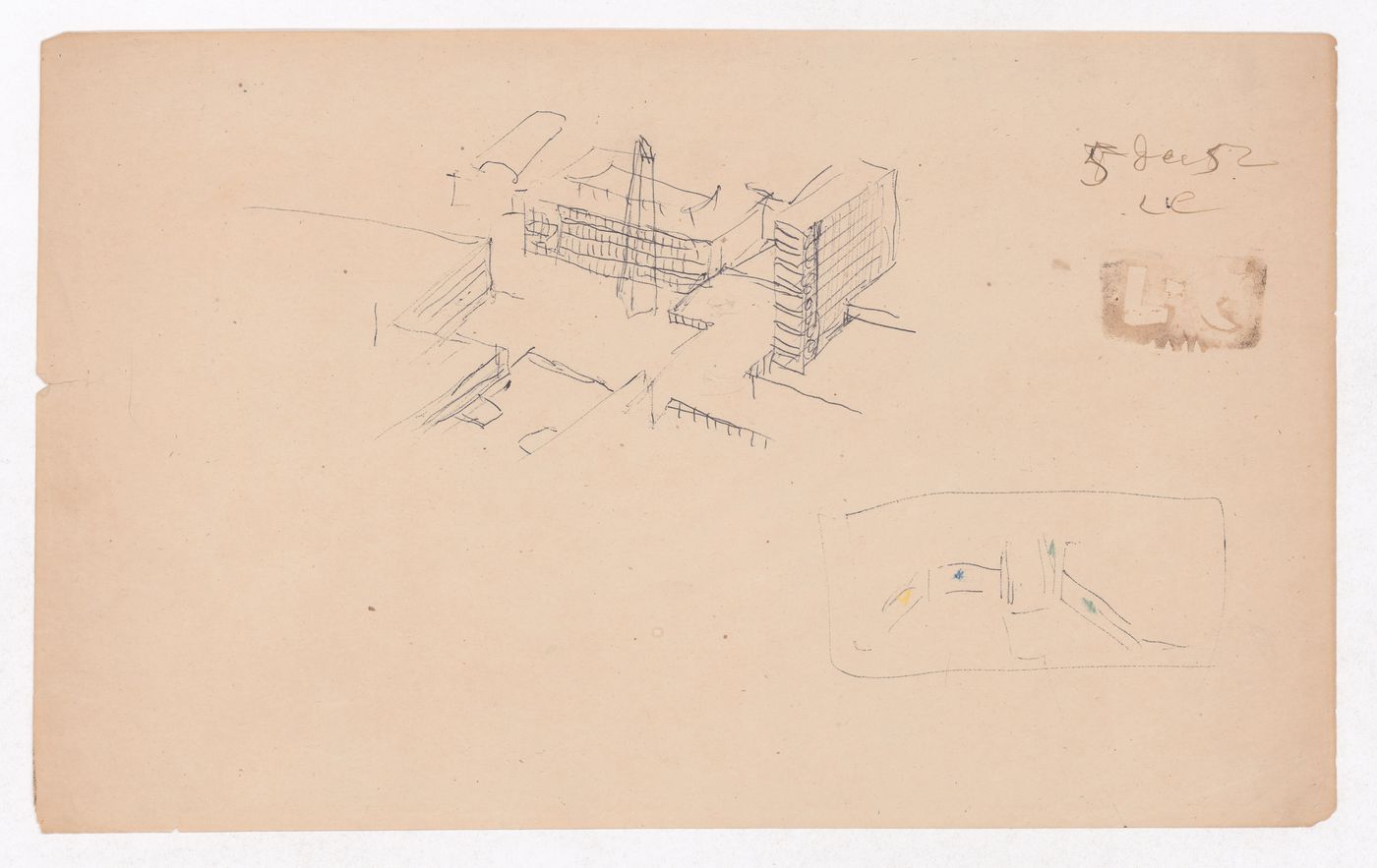 Bird's-eye sketch perspective for a plaza with an obelisk