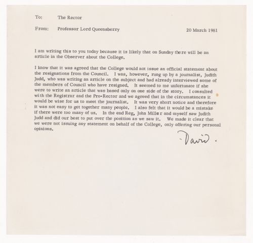Correspondence from Professor Lord Queensberry to the Rector of Royal College of Art, London regarding Observer article