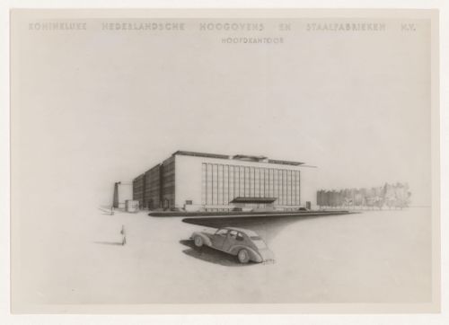 Photograph of a perspective drawing for the office building for the Dutch Steelworks Headquarters, IJmuiden, Netherlands