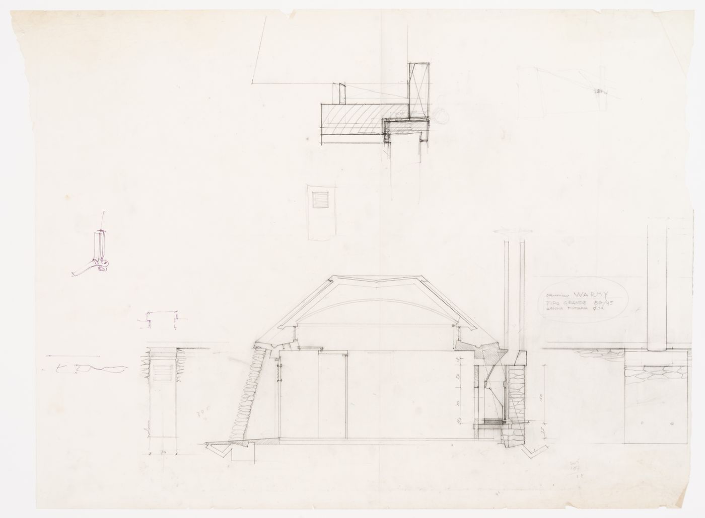 Detail of the door, sections with the chimney for Casa Tabanelli, Stintino, Italy