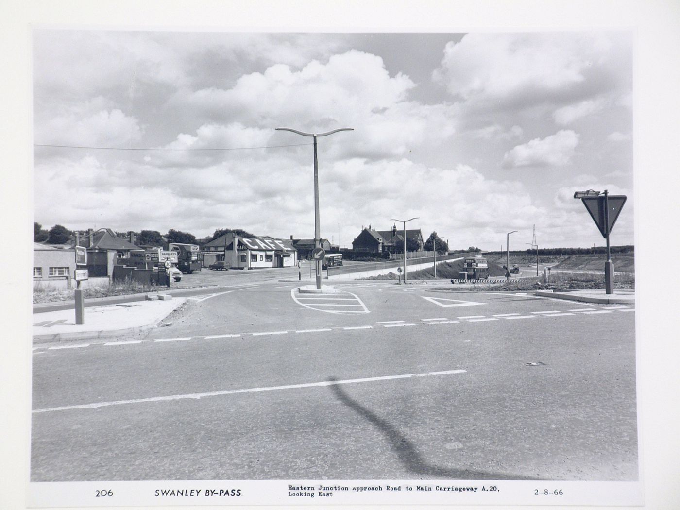 View of eastern junction approach road to main carriageway of A 20, looking east, during construction of the Swanley Bypass, England