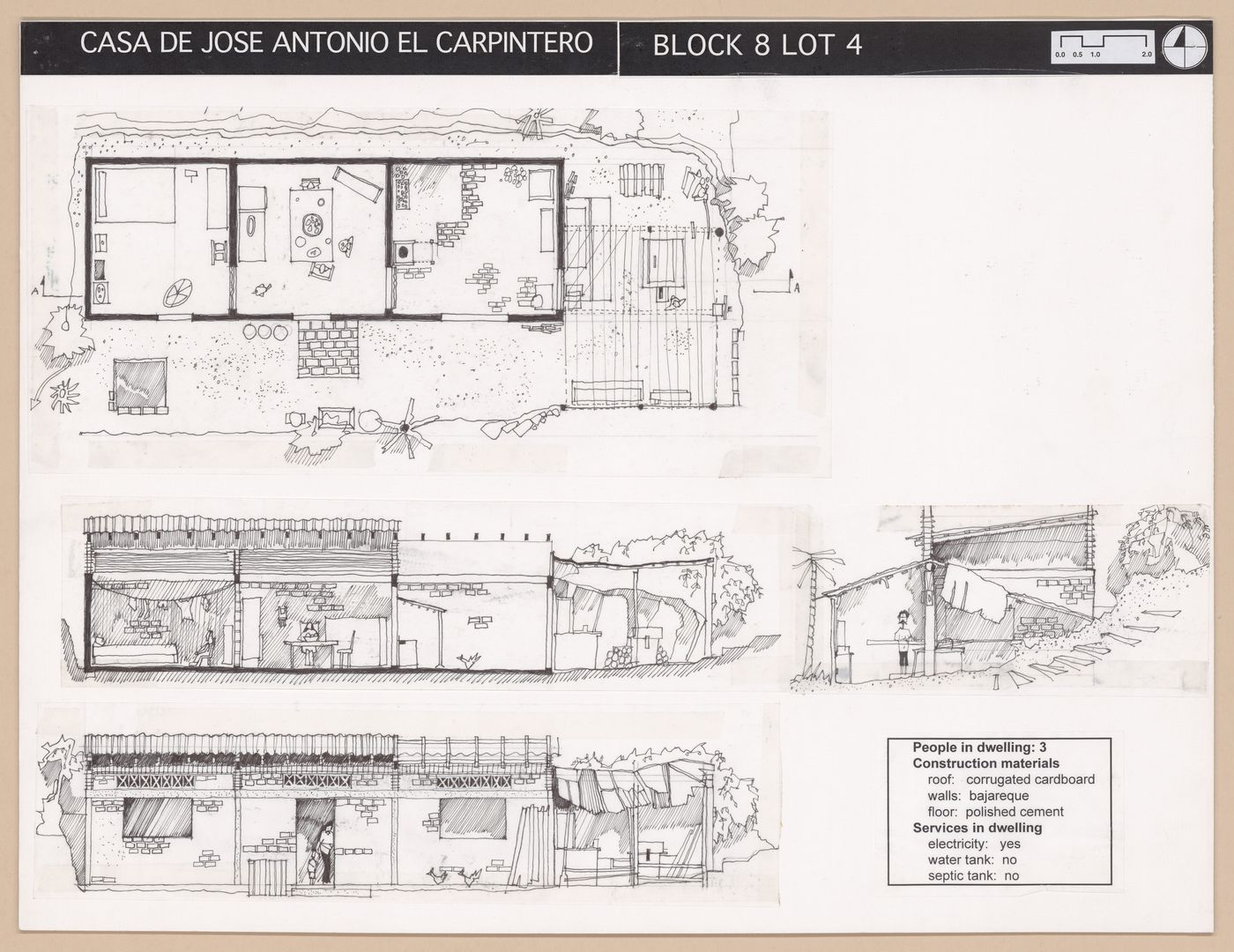 Presentation panel with floor plan, section, and elevations of Casa de Jose Antonio El Carpintero for the Urban Upgrading project La Esperanza, in Zihuatanejo, Mexico