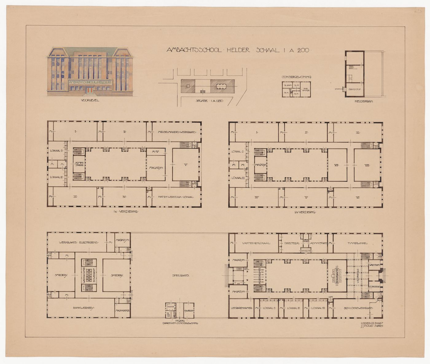 Site plan, plans and principal elevation for the School of Art and Trade, Den Helder, Netherlands