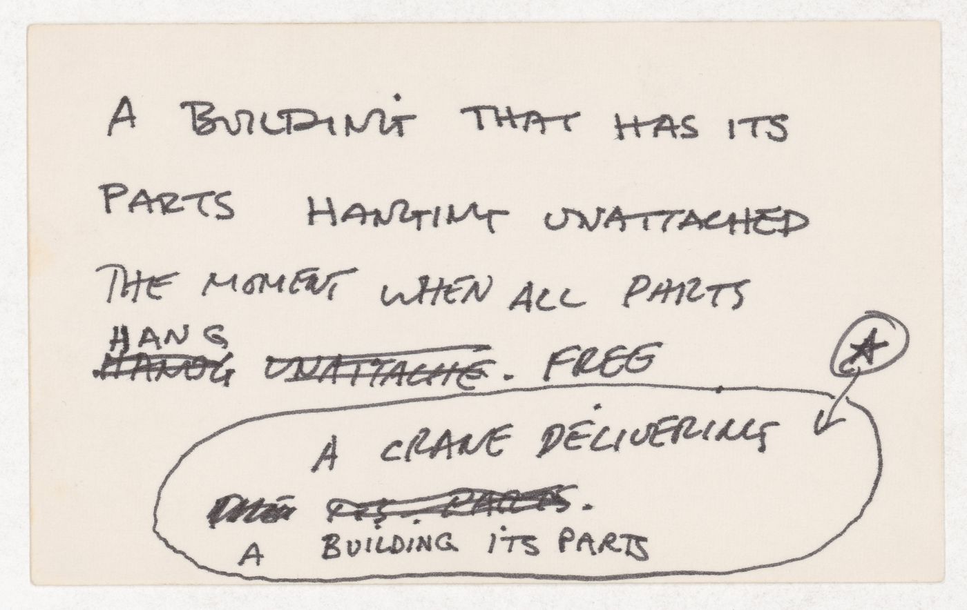 A building that has its parts hanging unattached / The moment when all parts hang free / A crane  delivering a building its parts