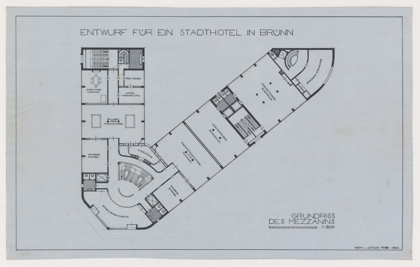 Mezzanine plan for Hotel Stiassni, Brno, Czechoslovakia (now Czech Republic)