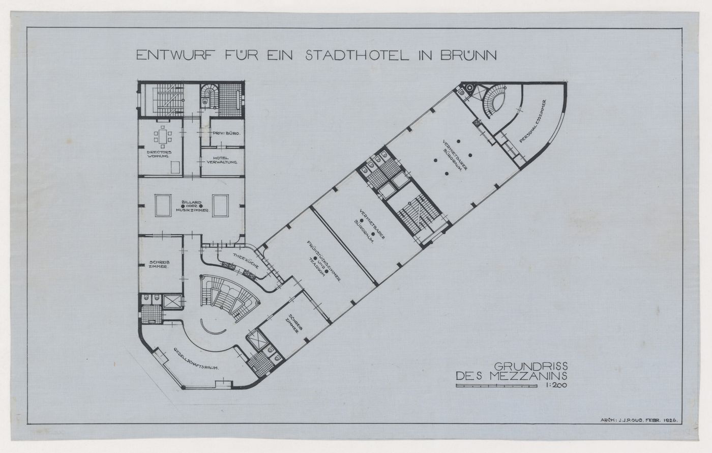 Mezzanine plan for Hotel Stiassni, Brno, Czechoslovakia (now Czech Republic)