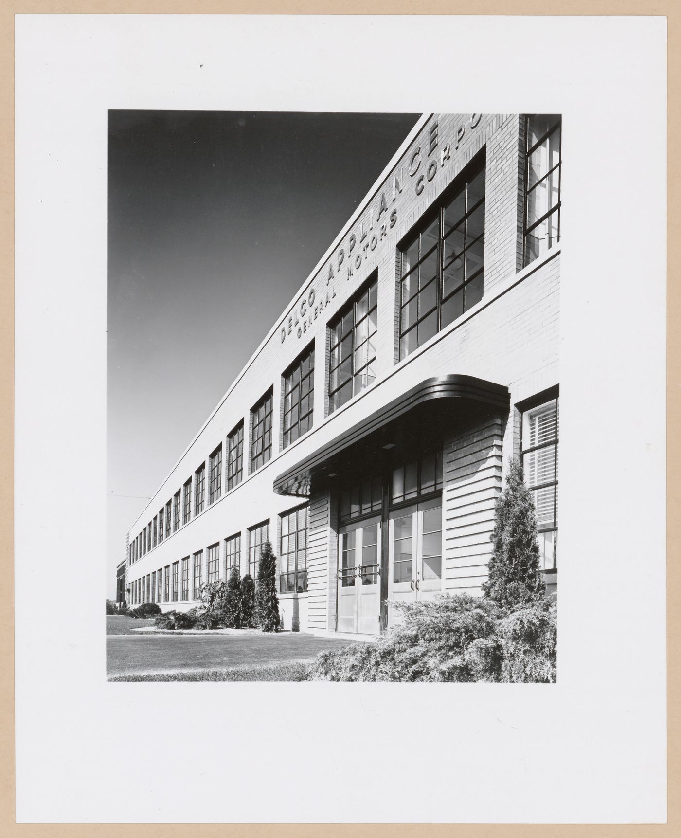 View of the main entrance to the Manufacturing Building, General Motors Corporation Delco Appliance division Assembly Plant, Rochester, New York