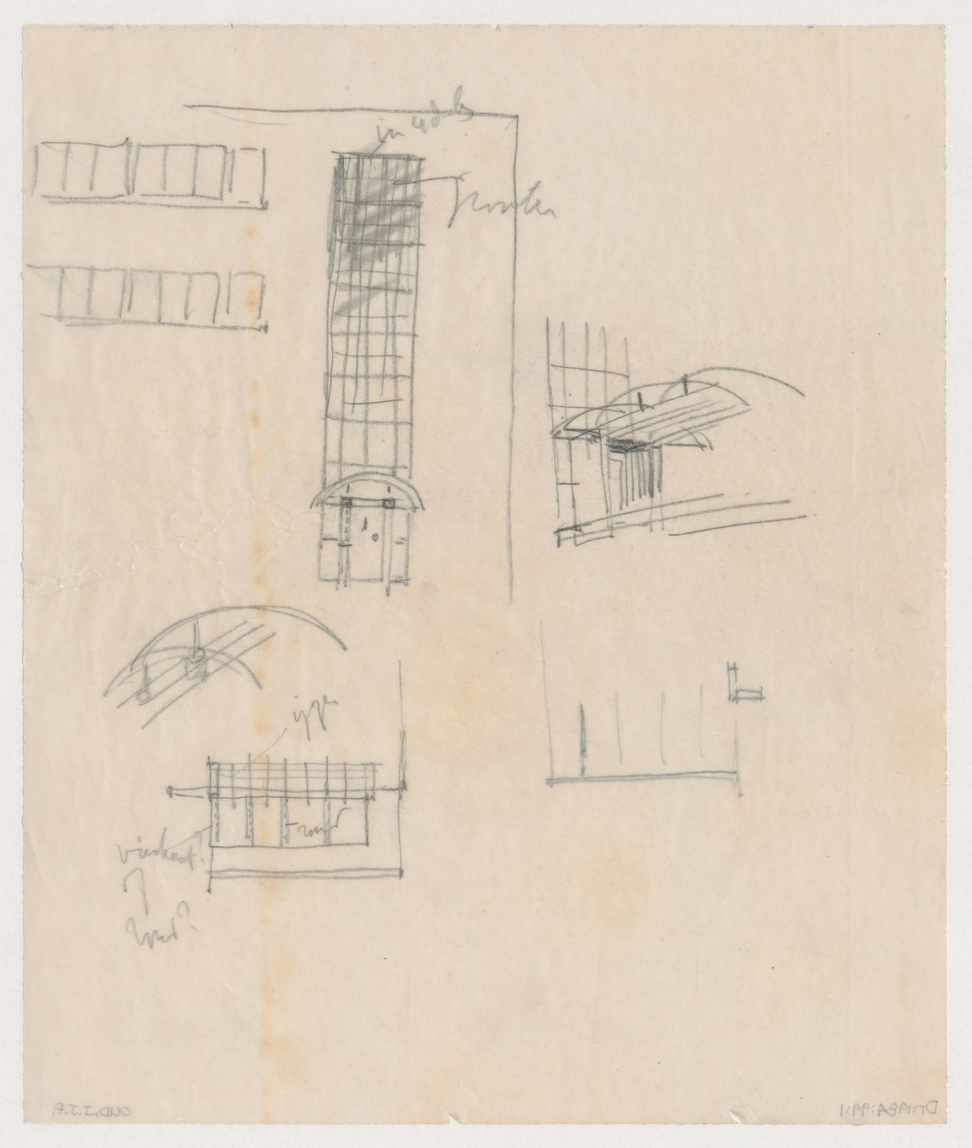 Sketch elevations and worm's-eye sketch perspectives for Three-Family House, Brno, Czechoslovakia (now Czech Republic)