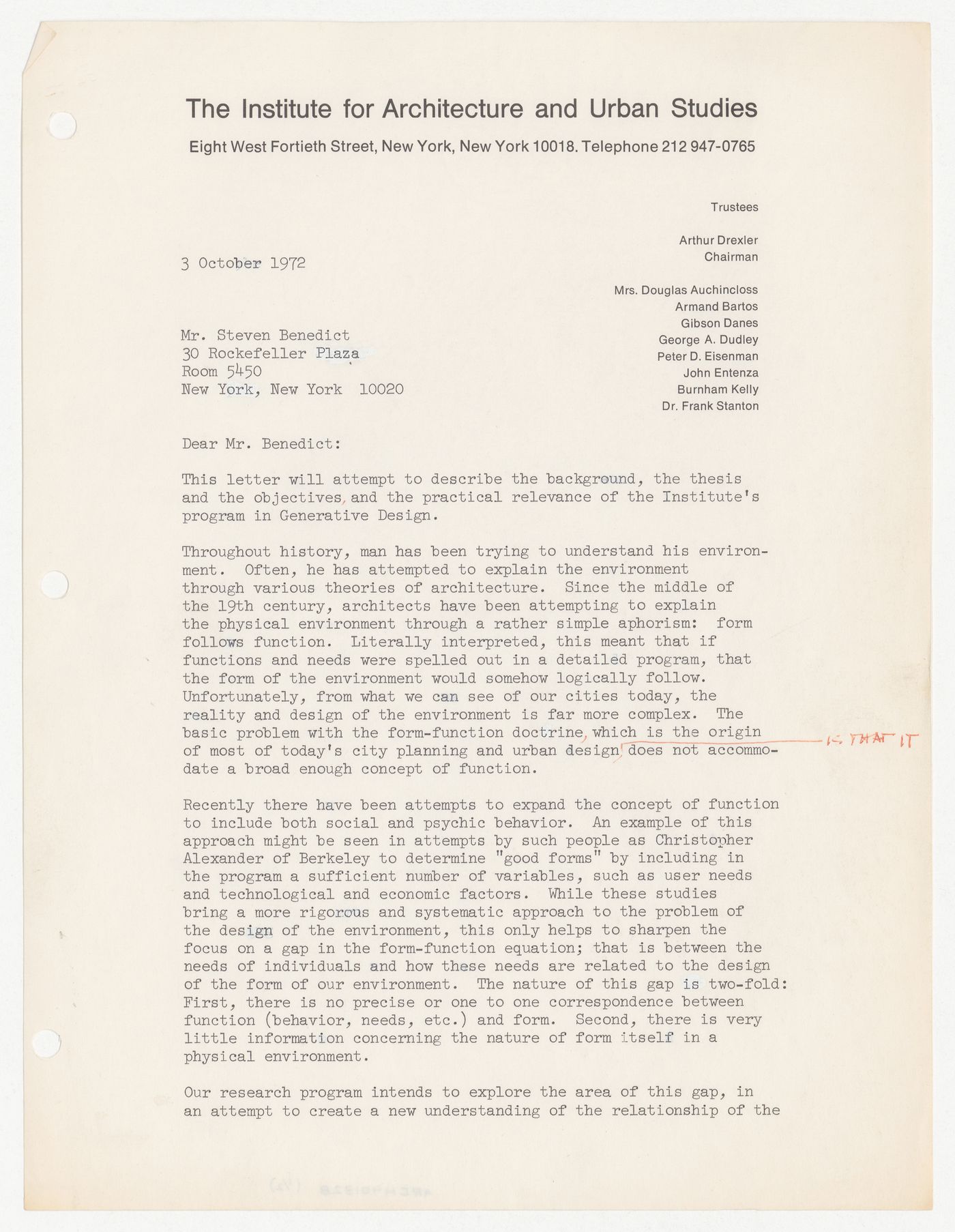 Letter from Peter D. Eisenman to Steven Benedict about the Program in Generative Design