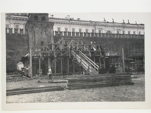 View of the second wooden Lenin Mausoleum under construction, Red Square, Moscow