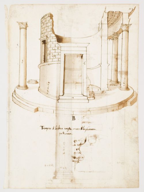 Perspectival view and section of the round temple on the Forum Boarium (so-called Temple of Hercules Victor), Rome; verso: Nine drawings of details of the round temple on the Forum Boarium (so-called Temple of Hercules Victor), Rome