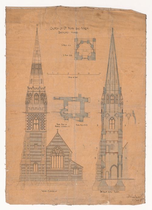 Church of St. Mary the Virgin, Twyford: West elevation, section through tower and plans of tower