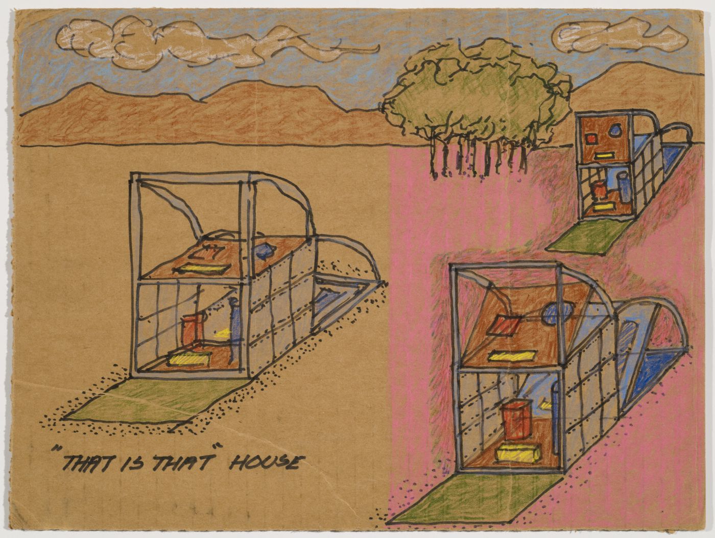 Sketch axonometrics for "This is That" House for The Silent Witnesses; verso: sketch elevations