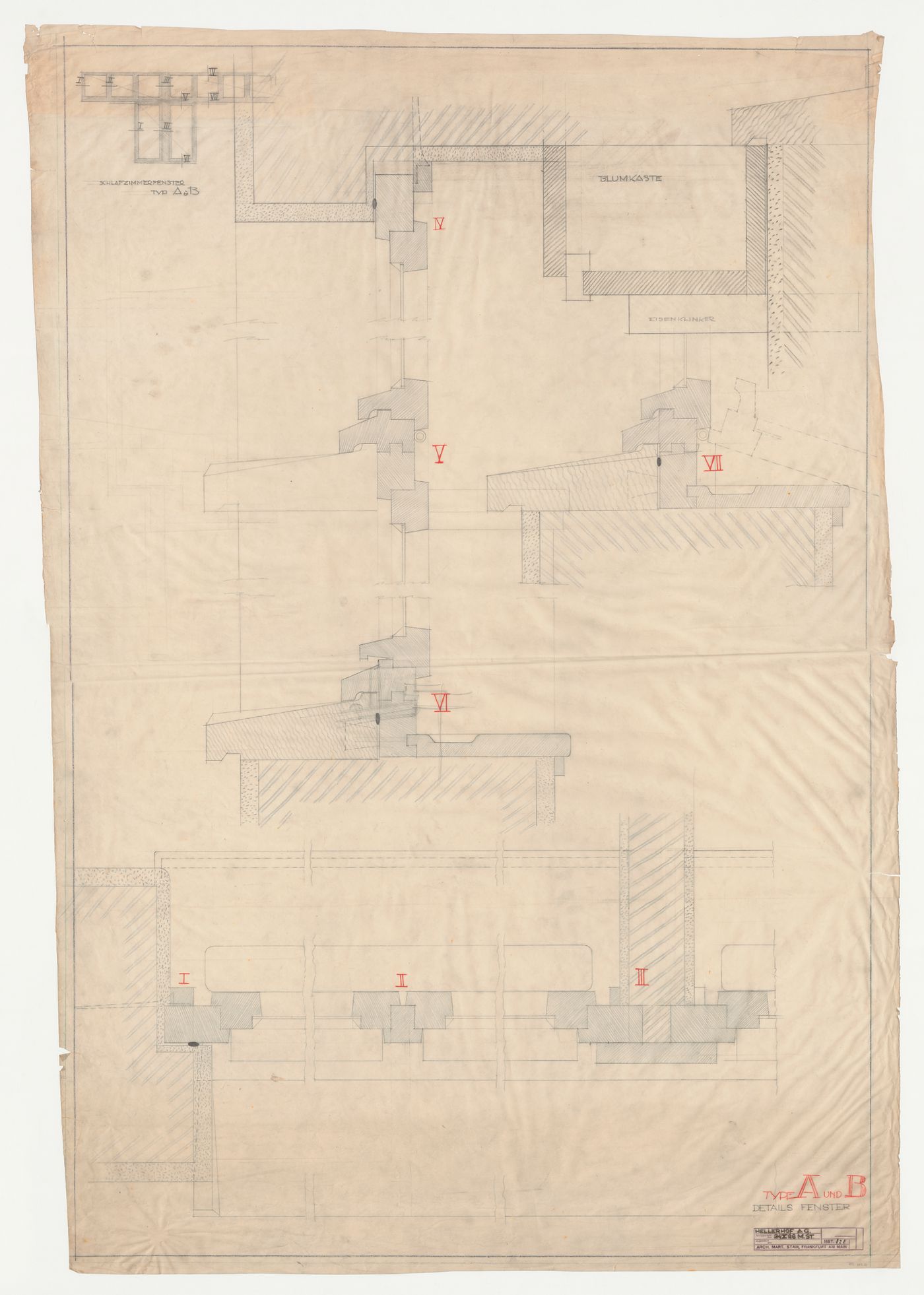 Elevation and sectional details for bedroom windows for type A and type B housing units, Hellerhof Housing Estate, Frankfurt am Main, Germany