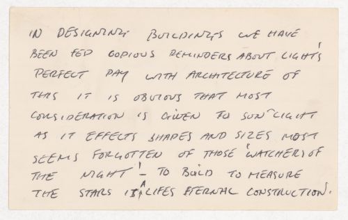 In designing buildings we have been fed copious reminders about light's perfect pay with architecture of this it is obvious that most consideration si driven to sun'light as it effects shades and sizes most seems forgotten of those 'watchers of the night'