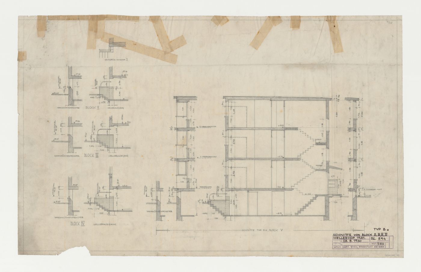 Section for a type BO housing unit for Block V and window sections for type BO housing units for Blocks I, II, III, and IV, Hellerhof Housing Estate, Frankfurt am Main, Germany