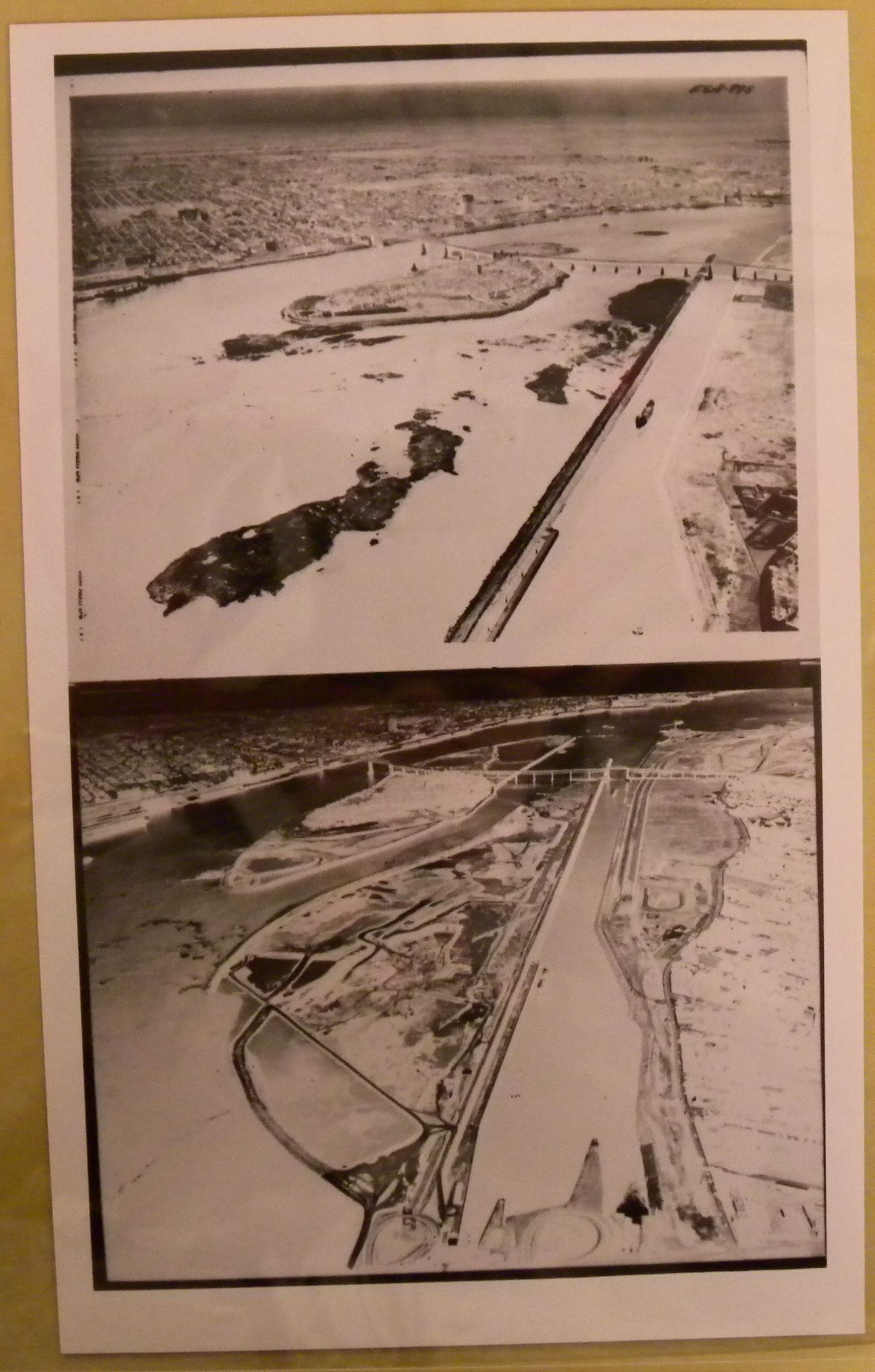 Aerial views of the Île Sainte-Hélène and Île Notre-Dame sites prior and after the enlargement and the creation phases were completed, Expo 67, Montréal, Québec