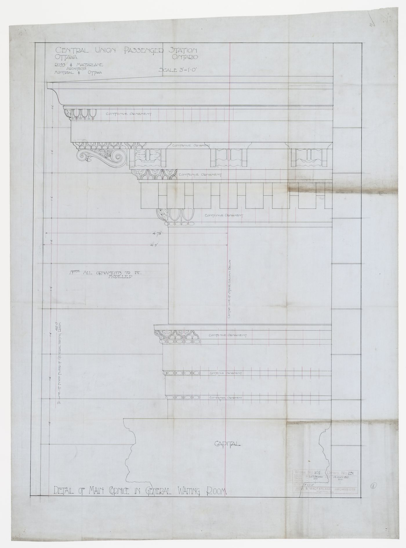 Detail of cornice for Central Union Passenger Station, Ottawa, Ontario